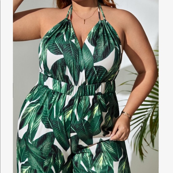 Boho Tropical Print Wide Leg Pants Backless Jumpsuit Green - Picture 5 of 8